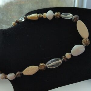 Beaded Necklace Baked Beads tag signed ivory crystal white metal design